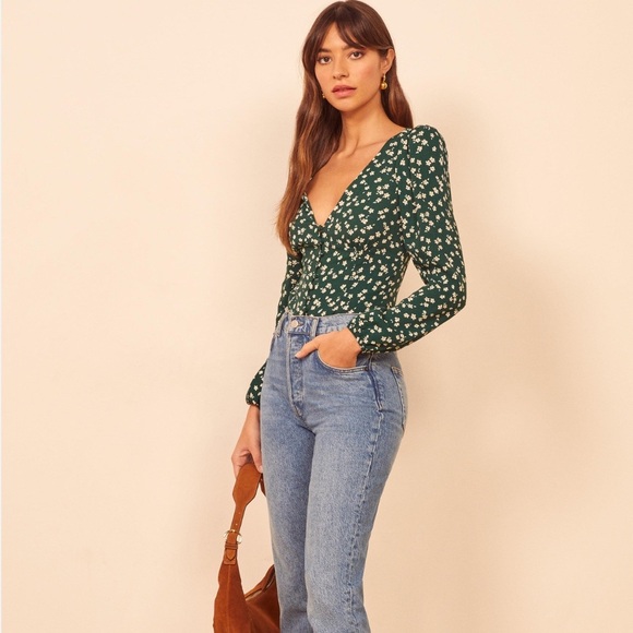 Reformation Green With Cream Flowers “Nell” Top Size Small - Picture 3 of 12